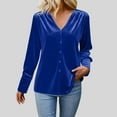 thumbnail image 2 of Lenpel Velvet Tops for Women Long Sleeve V Neck Pleated Button down Shirts Dressy Casual Velour Blouses Loose Work Shirts(Blue,Medium), 2 of 6