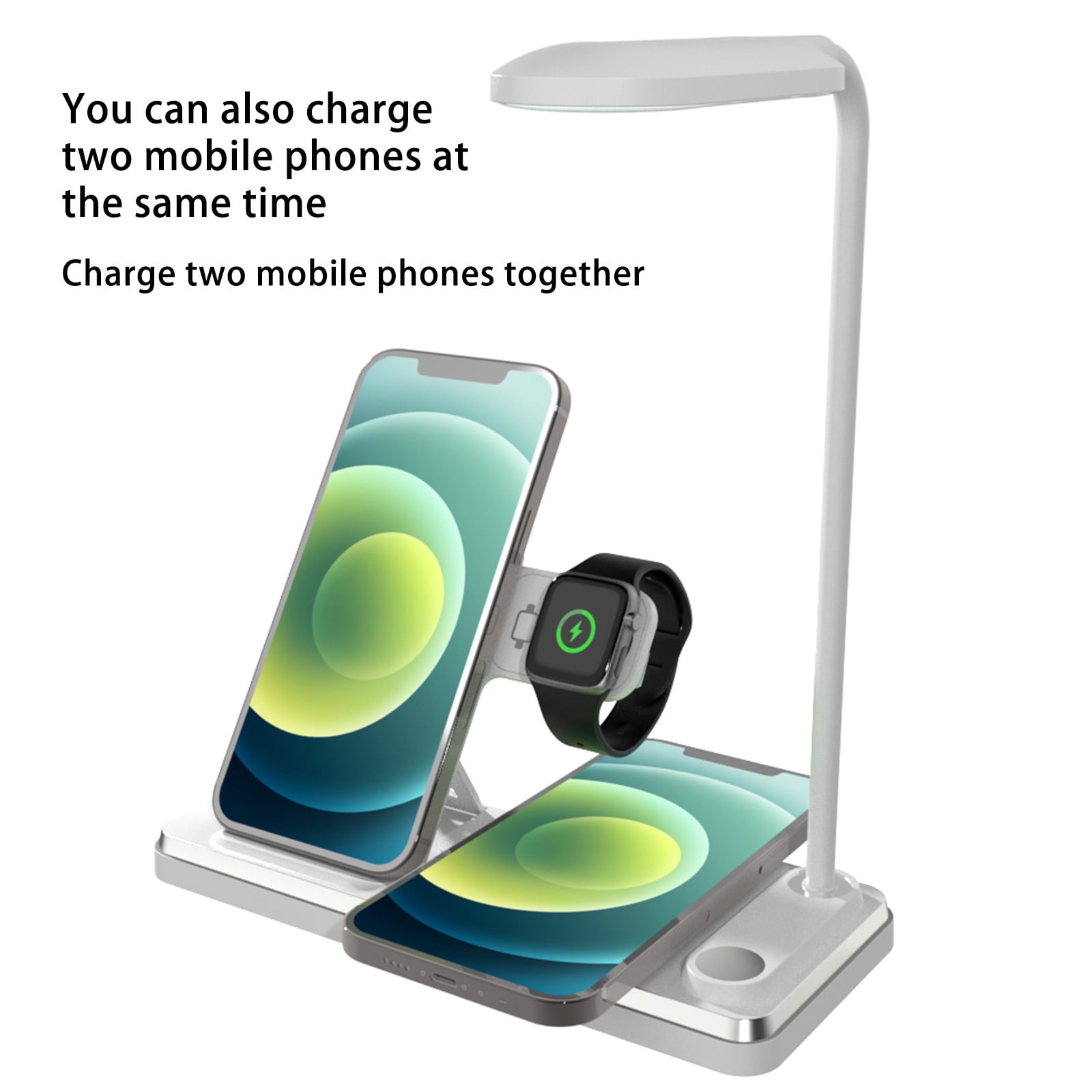 4-in-1 Wireless Charger Desk Lamp with 15W Fast Charging for Mobile Phone, Watch & Headset, Foldable Night Light, Type-C Interface, Eye Protection, Adjustable Brightness, Black White