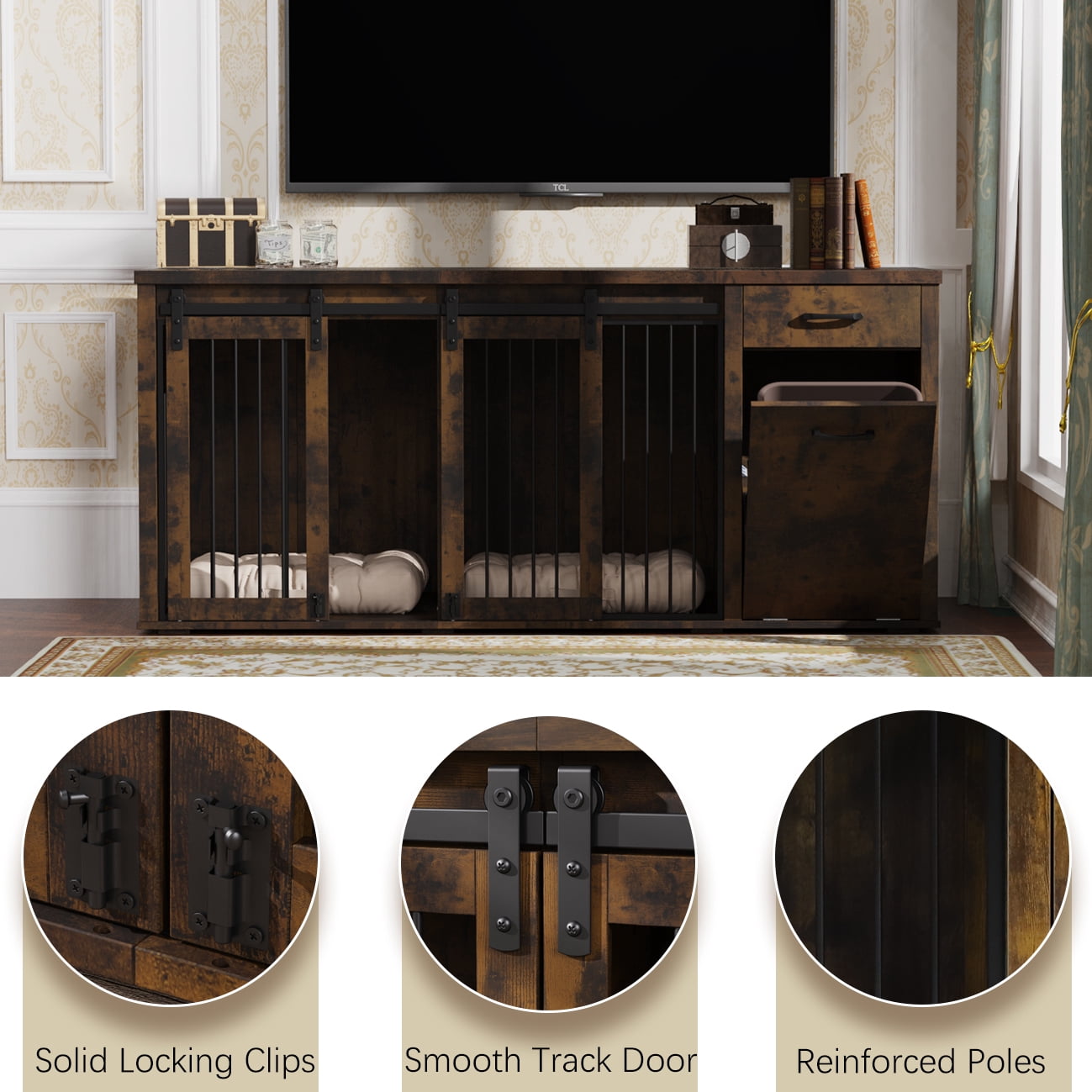 Multi- Functional Dog Crate Furniture for 2 Dogs with Divider and Sliding Doors, Large Dog Kennel with Storage Drawer and Tilt Out Trash Cabinet,Rustic Brown