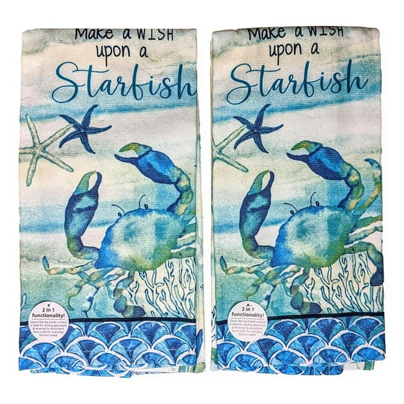 Set of 2 MAKE A WISH UPON A STARFISH Crab Terry Kitchen Towels by Kay Dee