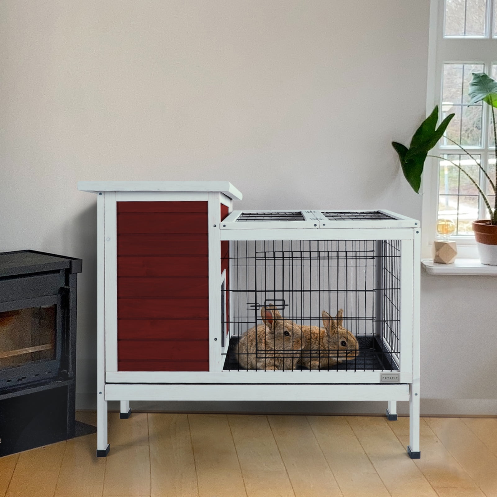 Witaxima Red Wooden Rabbit Hutch with Runway, 37.5x21.5x34 Inch Small Animal Cage, Leak-Proof Plastic Tray for Indoor/Outdoor Use