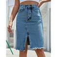 thumbnail image 5 of Defitshape Women's Denim Skirt High Waisted Fitted Summer Fashion Casual Button Spring Fall Vacation Midi Raw Hem Blue 12, 5 of 5