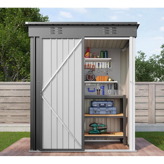 Asofer 5' x 3' FT Outdoor Storage Metal Shed, Small Shed with 2 Lockable Door, Dark Gray