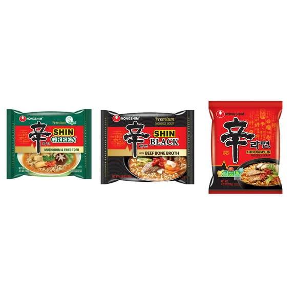3 Pack Korean NongShim Gourmet Spicy Shin Instant Ramen Noodle, 3 Flavors(shin Green,shin black,shin red) Plus NineChef Brand Long Handle Coffee Spoon