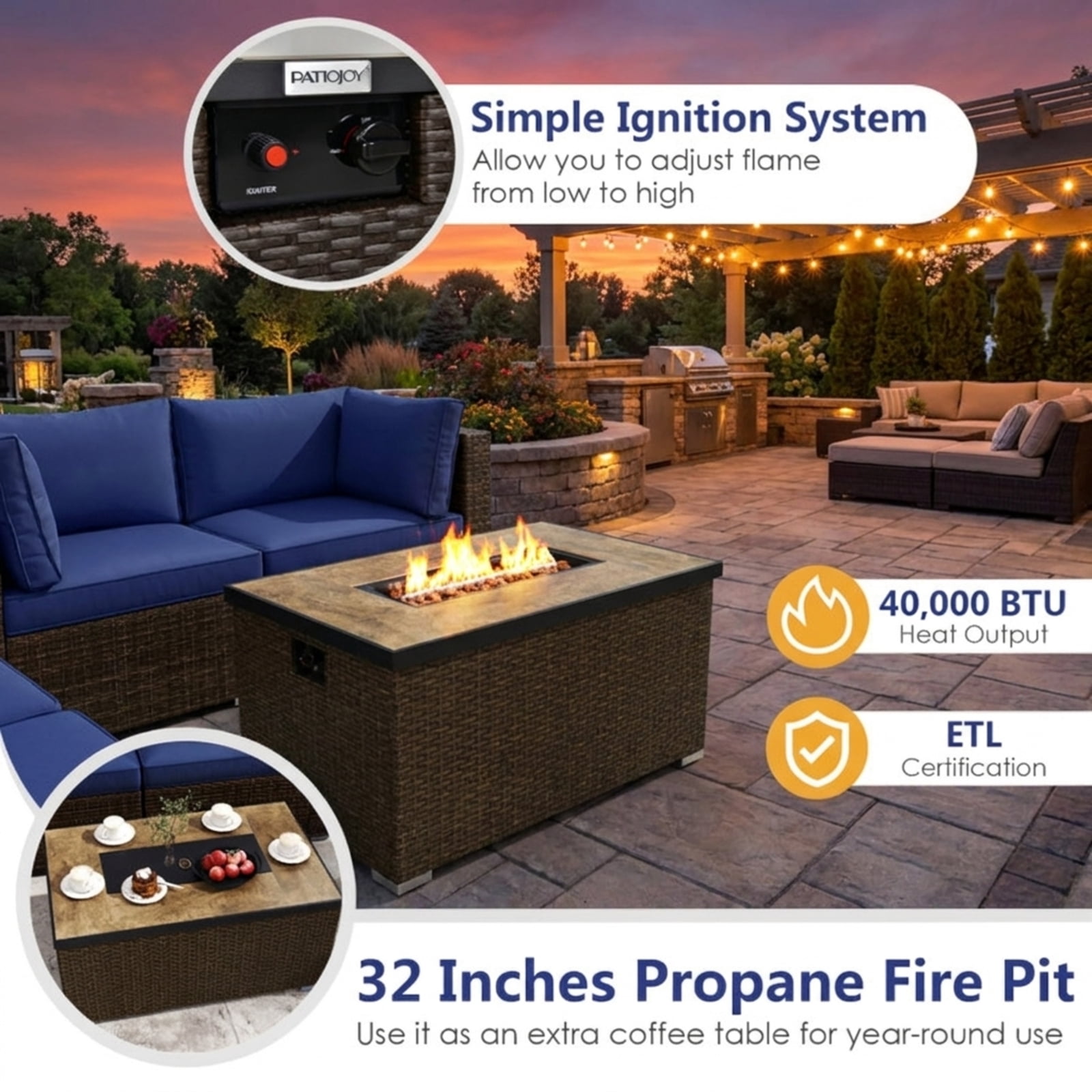 Biotree Patio Furniture Set 7 Piece Outdoor Sectional with 32 Inch Fire Pit Table and propane tank cover outdoor conversation set for garden backyard porch, Navy