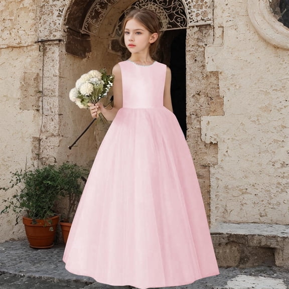 Avrnliq Pink Sleeveless Tulle Flower Girl Dress Lace Trim for Girls 3-14Y Wedding First Communion,Size 9-10T