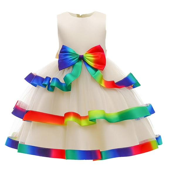 MHZLDYZ Girls Tie Dye Dress Child Girls Sleeveless Ruffles Bowknot Pageant Dress Birthday Party Kids Rainbow Costume Gown Princess Dress Girls Short Sleeve Dress Girls Casual Dress(Beige,130)