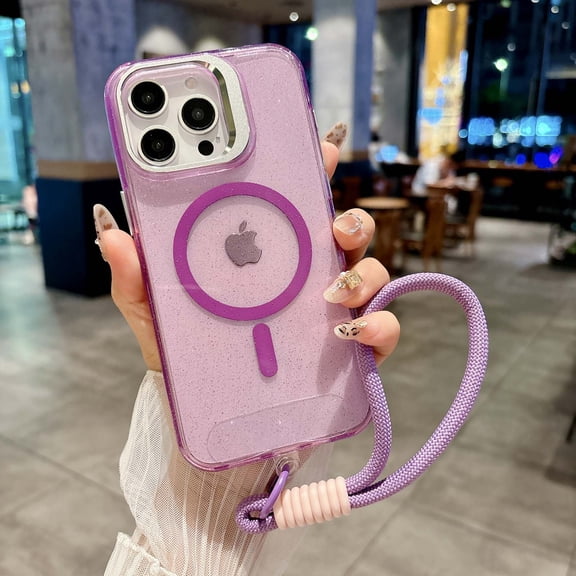 For iPhone 13 Pro Phone Case,With Contractile Lens Ring Kickstand,Compatible with Mag-Safe,Bling Glitter Transparent Back Design,With Wrist Strap,Ultra Slim Shockproof Phone Case,Purple