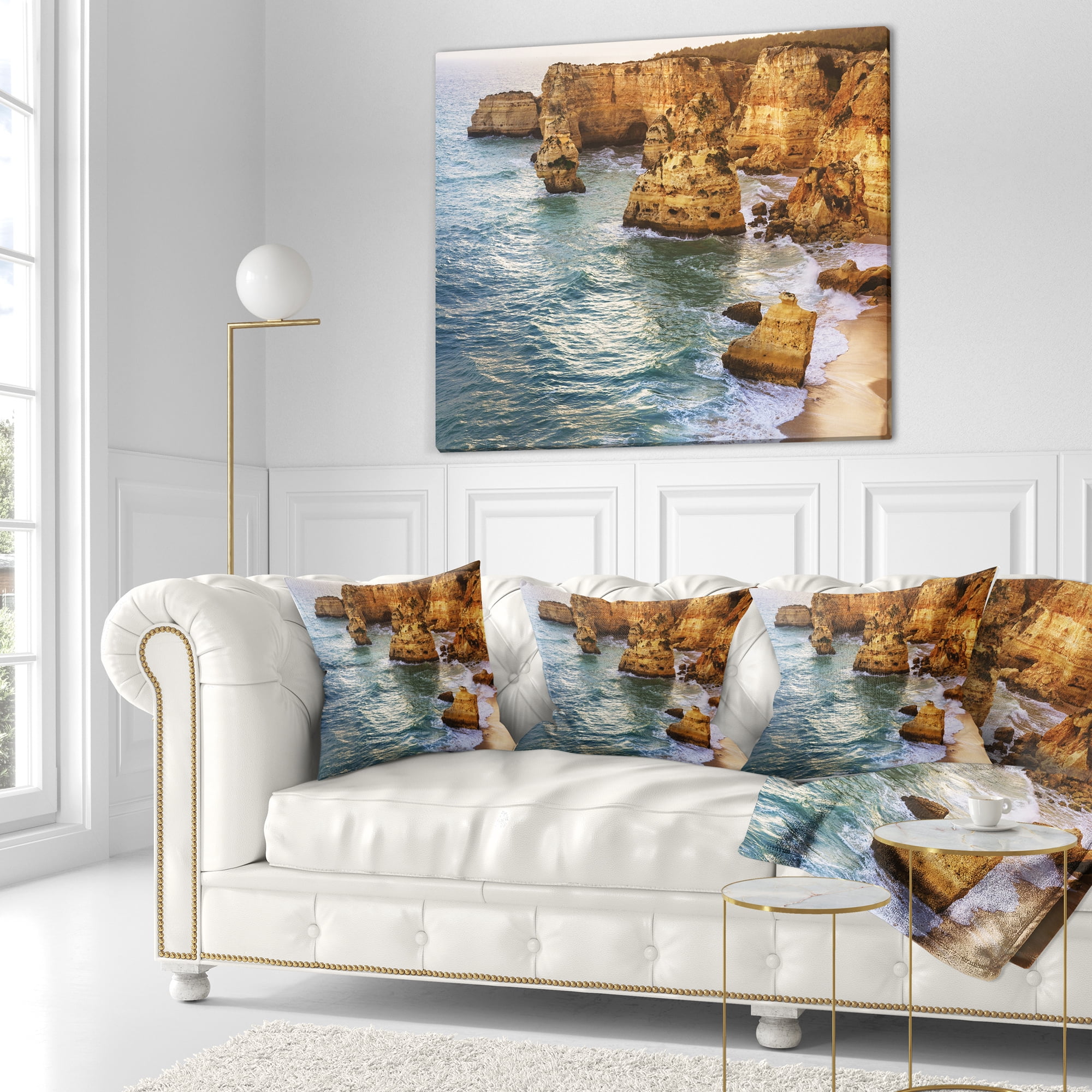 Designart Golden Rocks and Beach at Algarve - Seashore Throw Pillow - 18x18