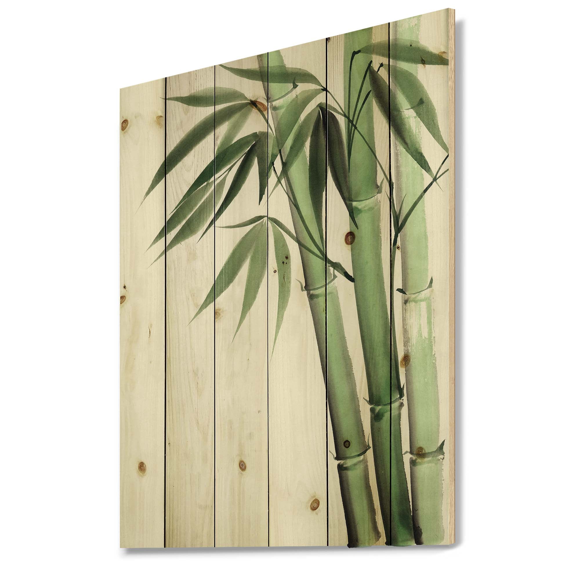 Designart 'Palm Bamboo Detail On White II' Traditional Print on Natural Pine Wood