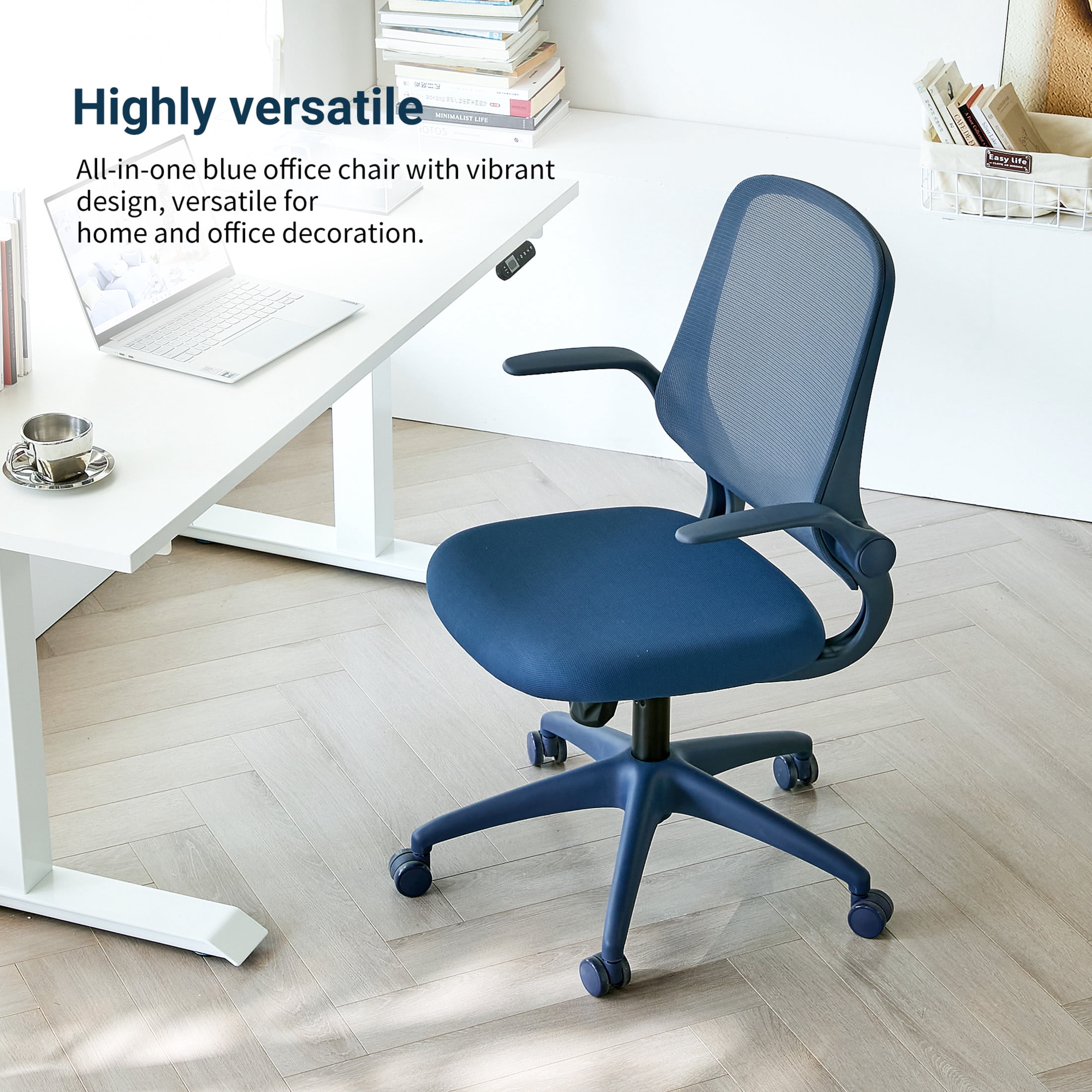 Noble House Ergonomic Mesh Swivel Office Chair, Lifting Multifunction Task Chair with Flip Arms and Mid-Backrest, Blue