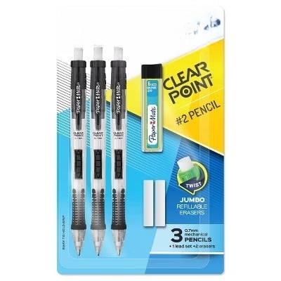 Clear Point 3pk #2 Mechanical Pencils with Eraser & Refill 0.7mm Black: Led Pencils, Rubber Grip, Retractable