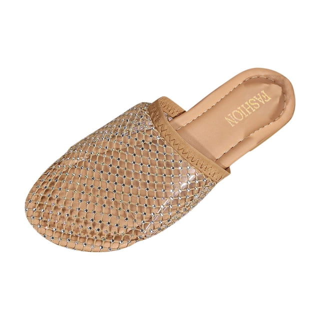 SEAOPEN Rhinestone Slides for Womens Dressy Slides Sandals Summer Open Toe Sandals Flats Ankle Strap Comfortable Slip On Slide Sandals Fashion Shoes Size 7 Gold
