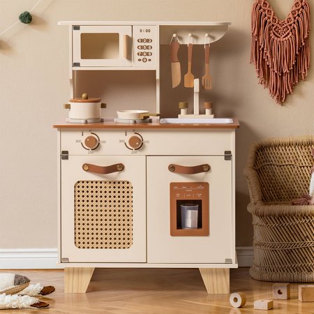 ROBOTIME Wooden Play Kitchen Mocha Montessori with Ice Dispenser Toy Kitchen Set for Toddler Age 3 4 5 6 (Mocha)