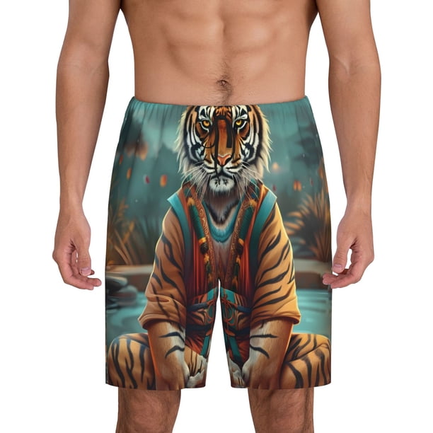 Balery Pond Meditating Tiger Pantalones cortos de pijama de punto de algodón para hombre con cinturilla y bolsillos-Large