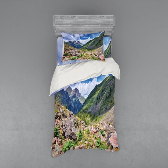 Ambesonne Landscape Bedding Set 3 Pcs, Mountain Wild Rhubarb, Twin XL, Multicolor