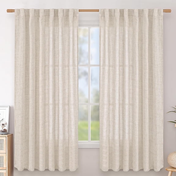 Linen Curtains 63 Inch Length 2 Panels for Living Room - Semi Sheer Drapes Light Filtering Window Treatments with Rod Pocket Back Tab Lightweight for Bedroom, 52 X 63 Inch