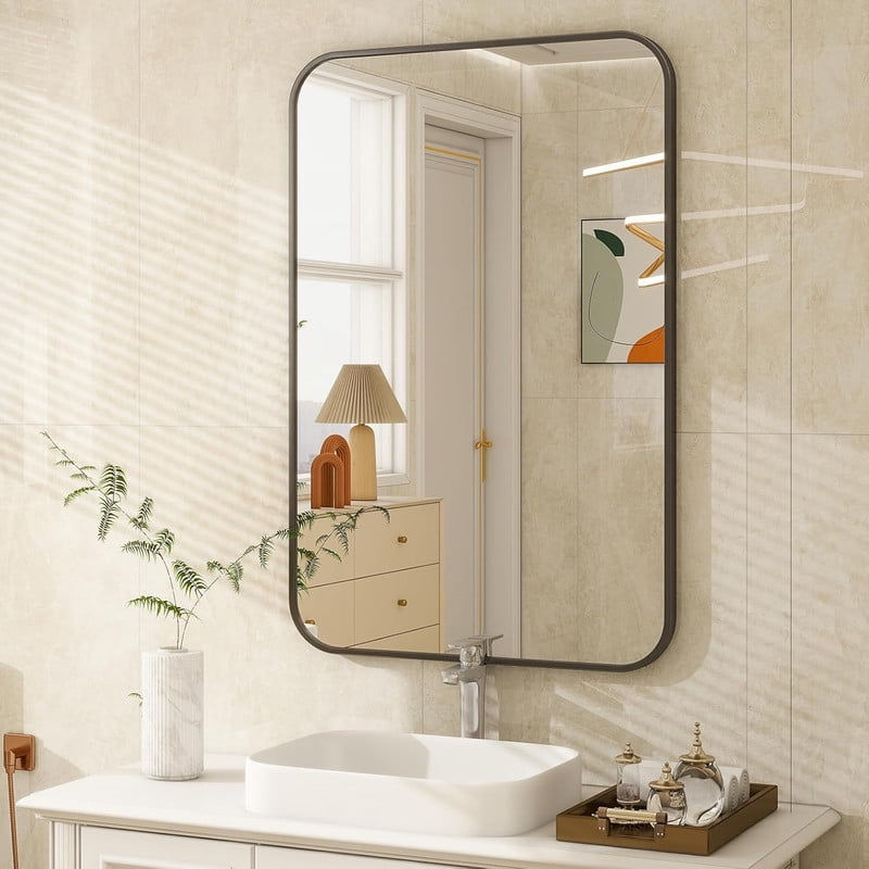 Clarvion 20"x28" Rounded Edge Rectangle Bathroom Mirror Wall Mounted Vanity Mirror,Black