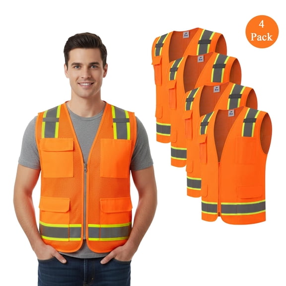 Zfeel Hi-Viz Neon Orange Safety Vest for Men, 4 Pack Polyester Made Breathable Workwear, S