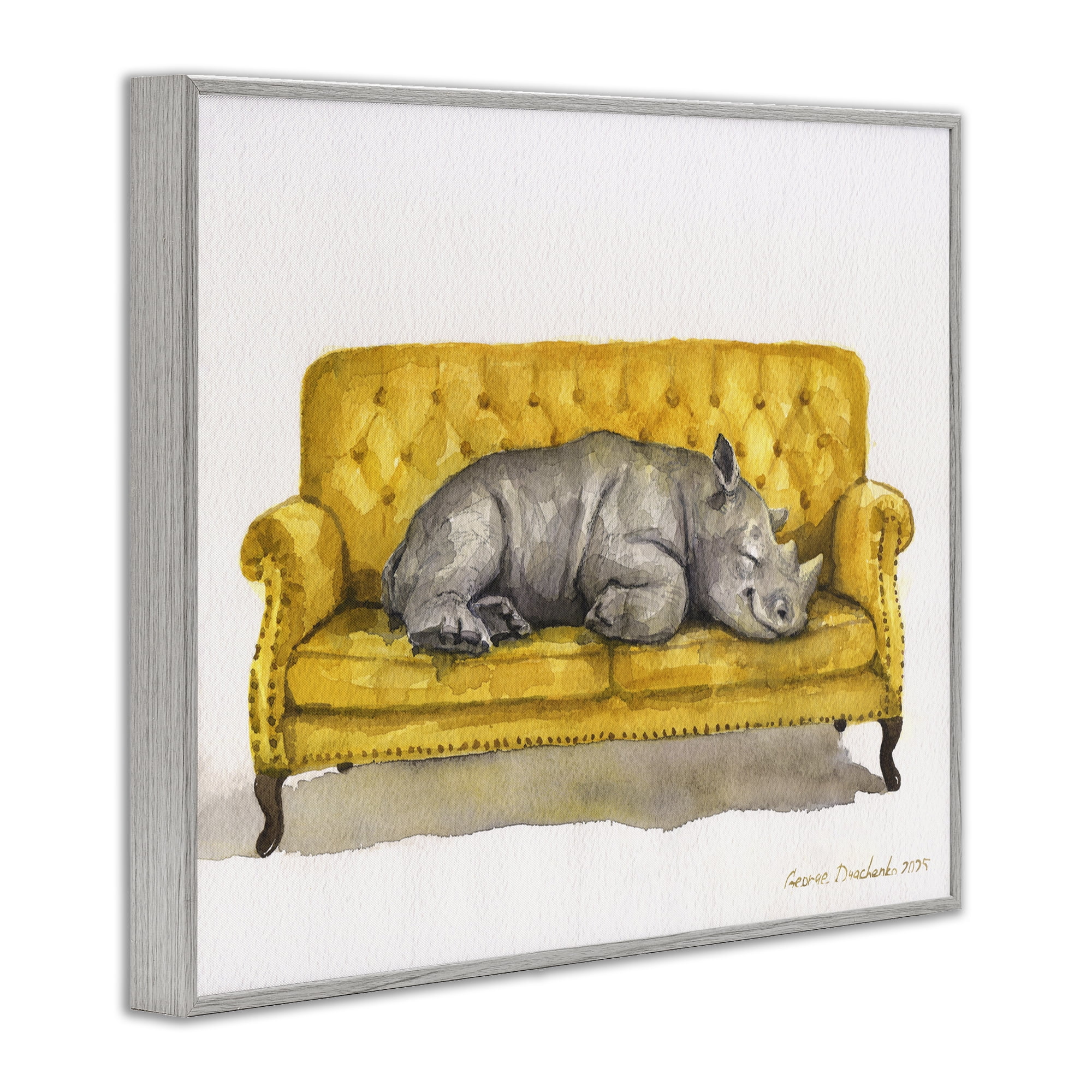 Stupell Industries Cute Rhino Resting Gray Framed Giclee Art, design by George Dyachenko