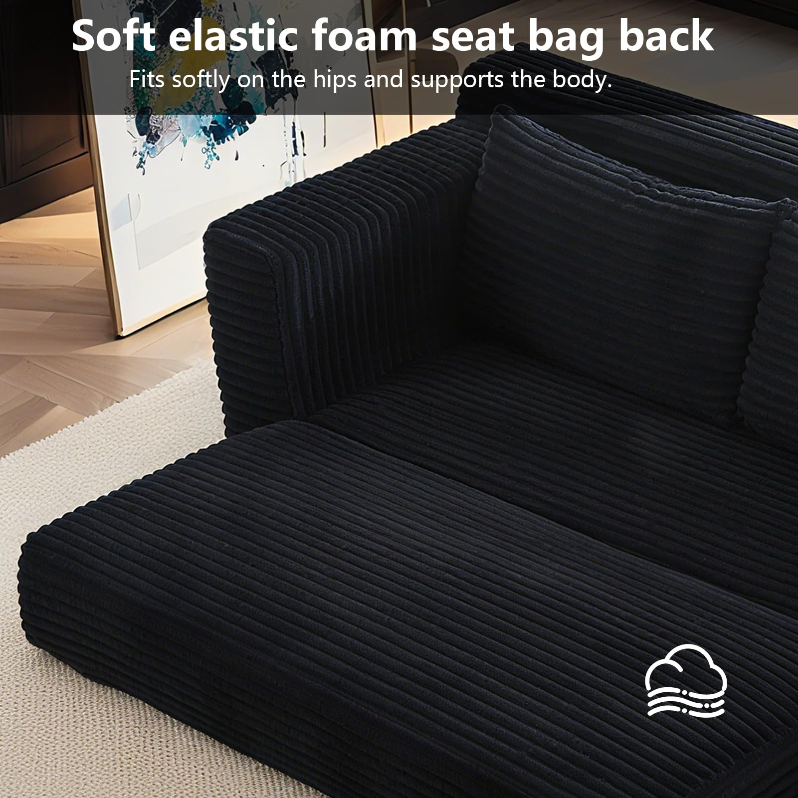 Loveseat Sofa Bed Boneless Couch, Convertible 2-in-1 Design, Corduroy Fabric - Compact Memory Foam Couch for Small Spaces, Apartments, Home Office & Bedroom (Black)