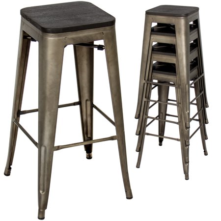 Stainless Steel Kitchen Stools Best Choice Products Set of 4 30in Distressed Industrial Stackable Backless Steel Bar Stools w/ Wood Seats, Rubber Cap Feet - Bronze ()