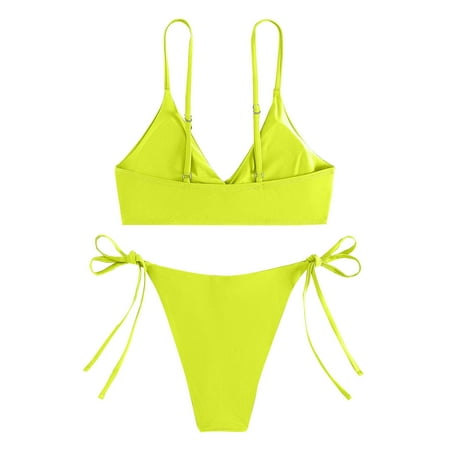 OSFVNOXV Womens High Waisted Bikini 2-Piece Bathing Suit Solid Color Small Cups Balconette Bra String Thongs Underwear Summer Holiday Swimwear Beachwear Clearance