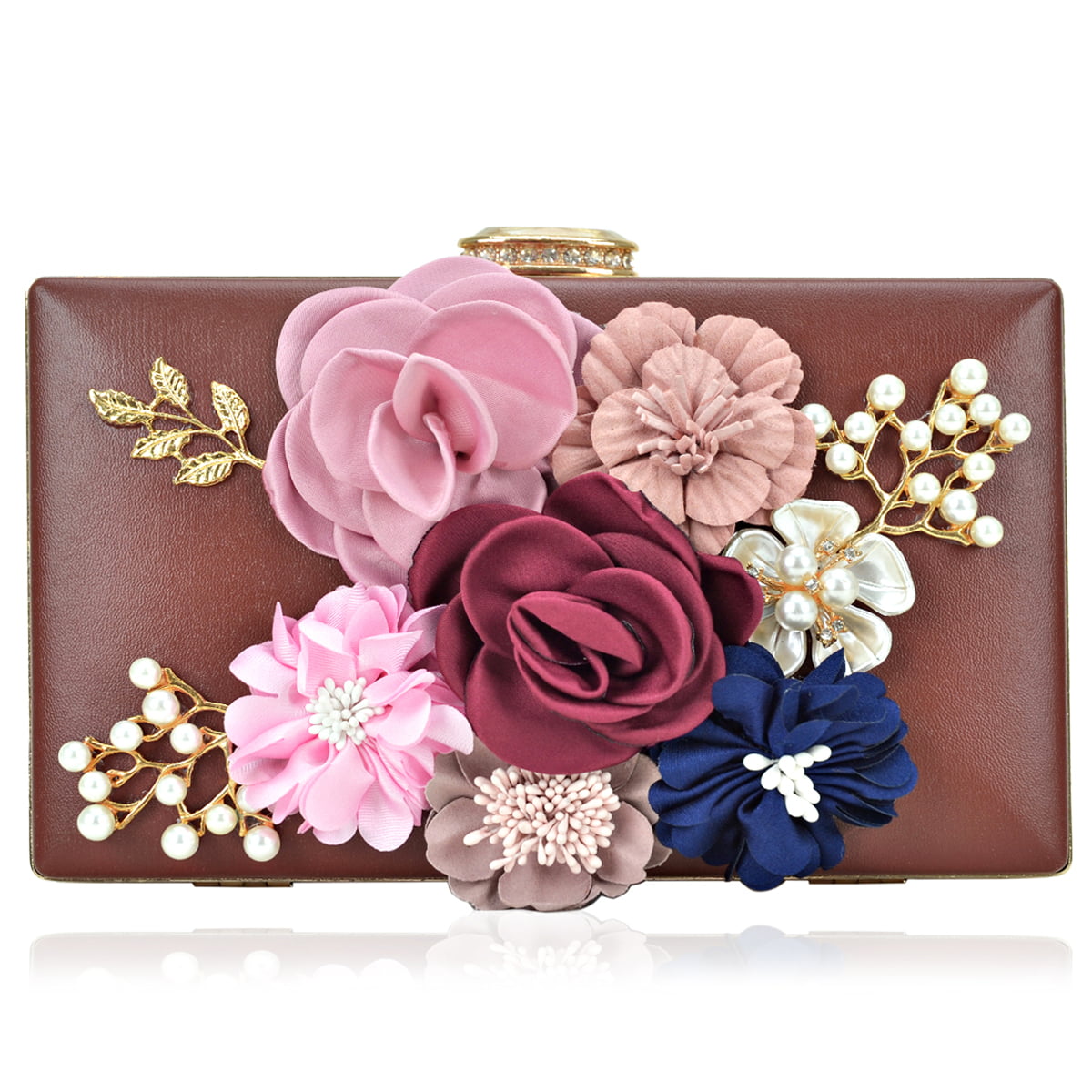 HWX Womens Flower Clutches Handbags Evening Bags Prom Party Wedding Cocktail Clutch Purses with Pearls Beaded,Gold,42012cm