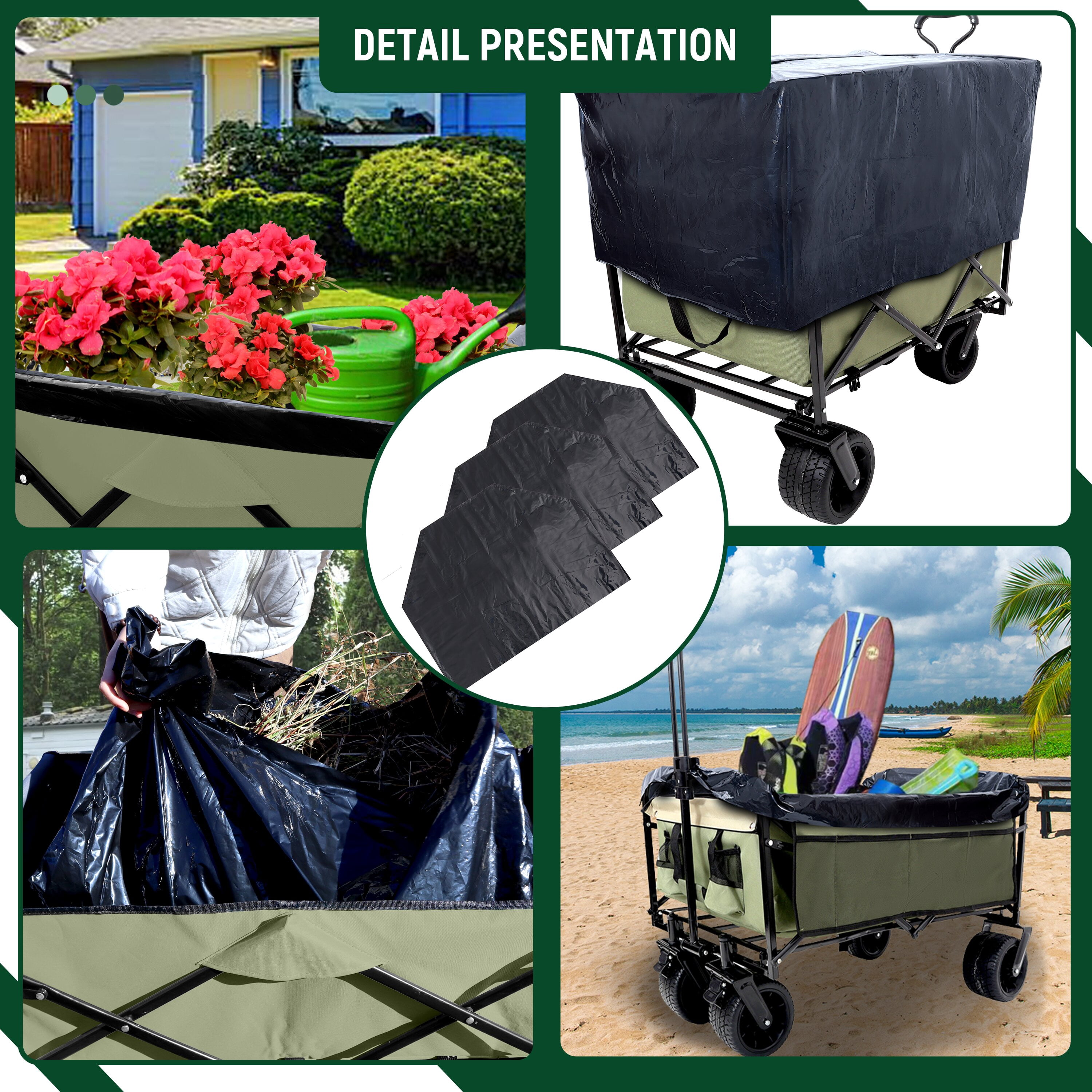 Yoneston 440LBS Collapsible Wagon Cart, Portable Heavy Duty Utility Wagon with 3pcs Plastic Liner Cover Bag for Camping, Picinc, Shopping, Beach, Grocery Transport, Green