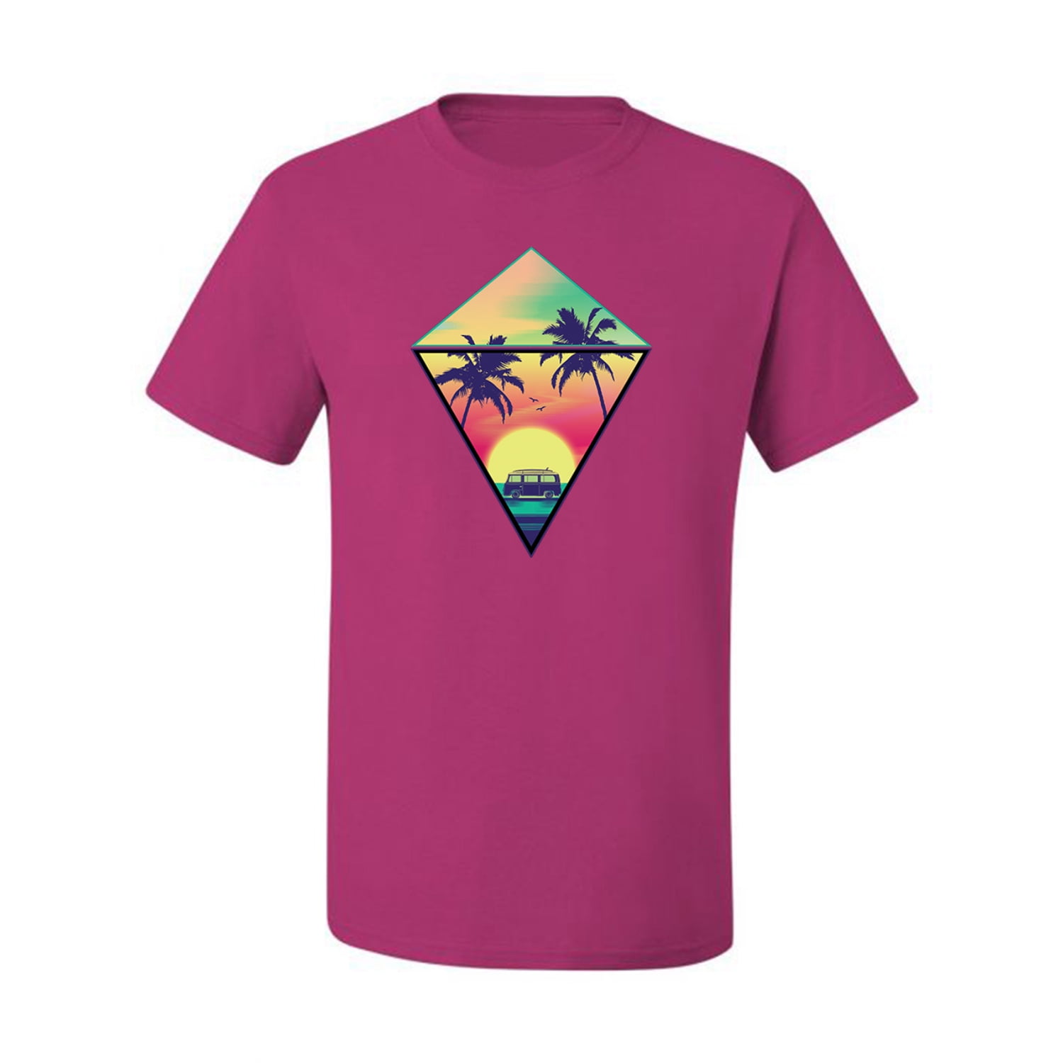 Wild Bobby, Surfing Van at the Beach Sunset Paradise, Streetwear, Men Graphic Tees, Fuschia, 2XL