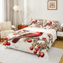 Manfei Cardinal Bird Twin Sheet Sets,Merry Christmas Twin Fitted Sheet,Red Xmas Berry Flat Sheet For Girl Teens,Breathable Home Decor,3-Piece