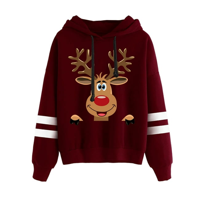 Sweat à Capuche d'Hiver pour Femmes, Pull de Mode Imprimé de Noël, Pull de Noël, Blouse Ample Mi-Longue, Col Rond Chaud