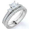 Princess Cut Diamond - Pave - Three Stone Ring - Victorian Style - Vintage Wedding Ring Set in 10K White Gold