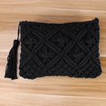 thumbnail image 3 of 1PC Cotton Woven Handbag Hollow Clutch Bag with Tassel for Summer Beach Women Black, 3 of 3