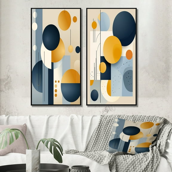 Designart "Yellow Blue Circulars Graphic Geometry IV" Modern Midcentury Framed Wall Art Set Of 2 - Mid-Century Blue Framed Canvas Set For Living Room Decor