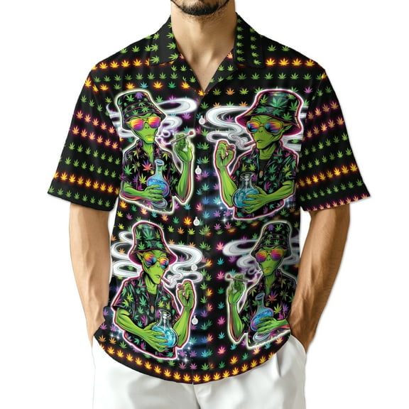 Funny Alien Smoking Hawaiian Shirt for Men, Button Down Summer Beach Short Sleeve, Sizes S-5XL