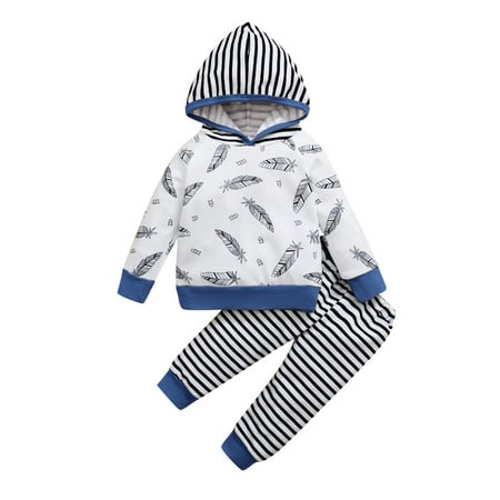 

Dadaria Cute Baby Boys Girls Clothes Newborn 0M-24M Toddler Kids Hooded Cartoon Letter Print Tops+Stripe Pants Set Blue 100 Toddler