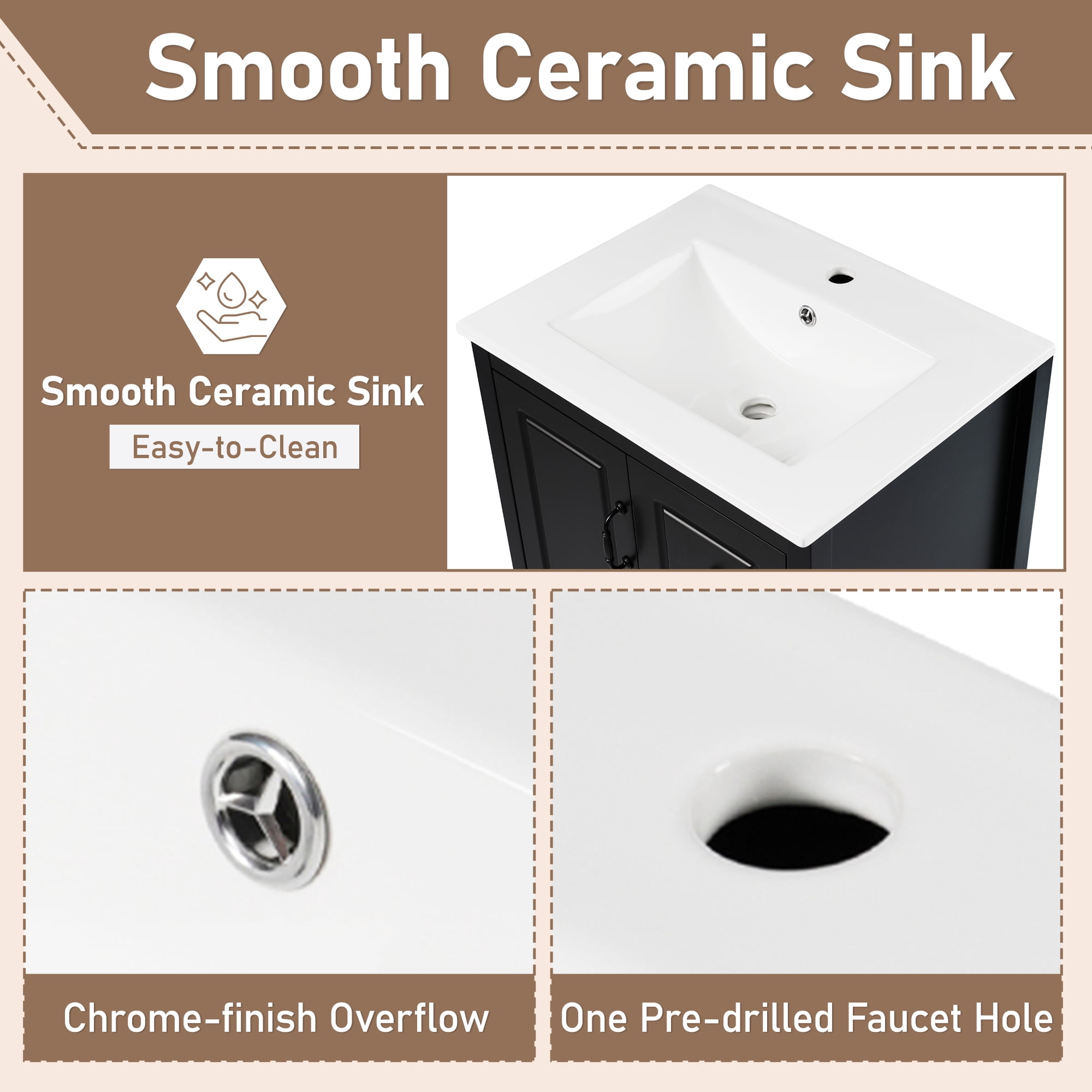 Euroco 24'' Freestanding Bathroom Vanity with Ceramic Sink, Soft-Close Cabinet & Drawers, Vintage-Style Design with Black Handles, MDF Construction, Easy Plumbing Access