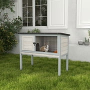 Elevated Rabbit Hutch, Wooden Bunny Cage with Hinged Asphalt Roof and Removable Tray, for Indoor/Outdoor, Gray