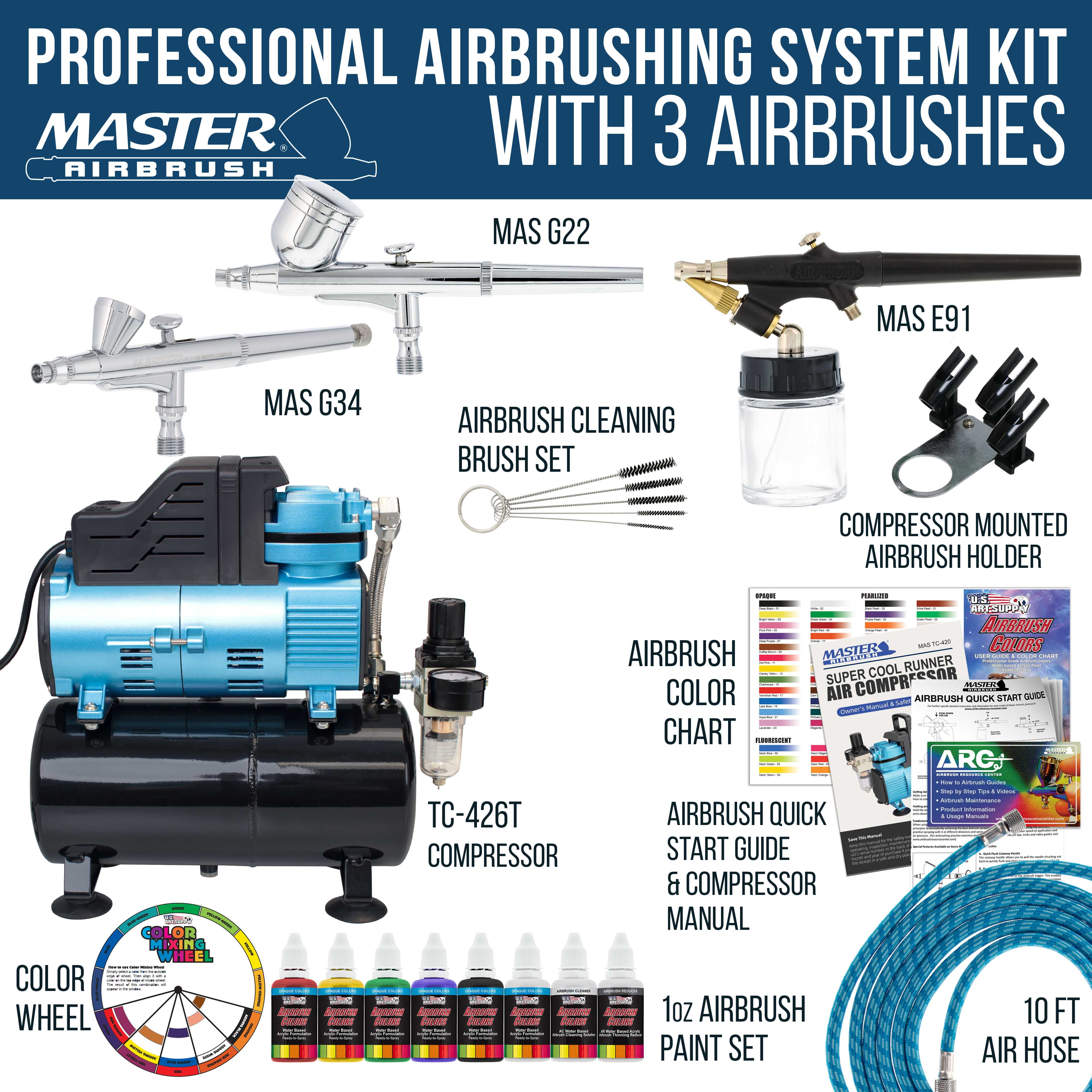 Master Airbrush Super Cool Runner Dual Fan Air Compressor with Storage Tank - Professional Airbrushing System Kit with 3 Airbrushes Gravity & Siphon Feed, 6 Primary Opaque Colors Acrylic Paint Art Set