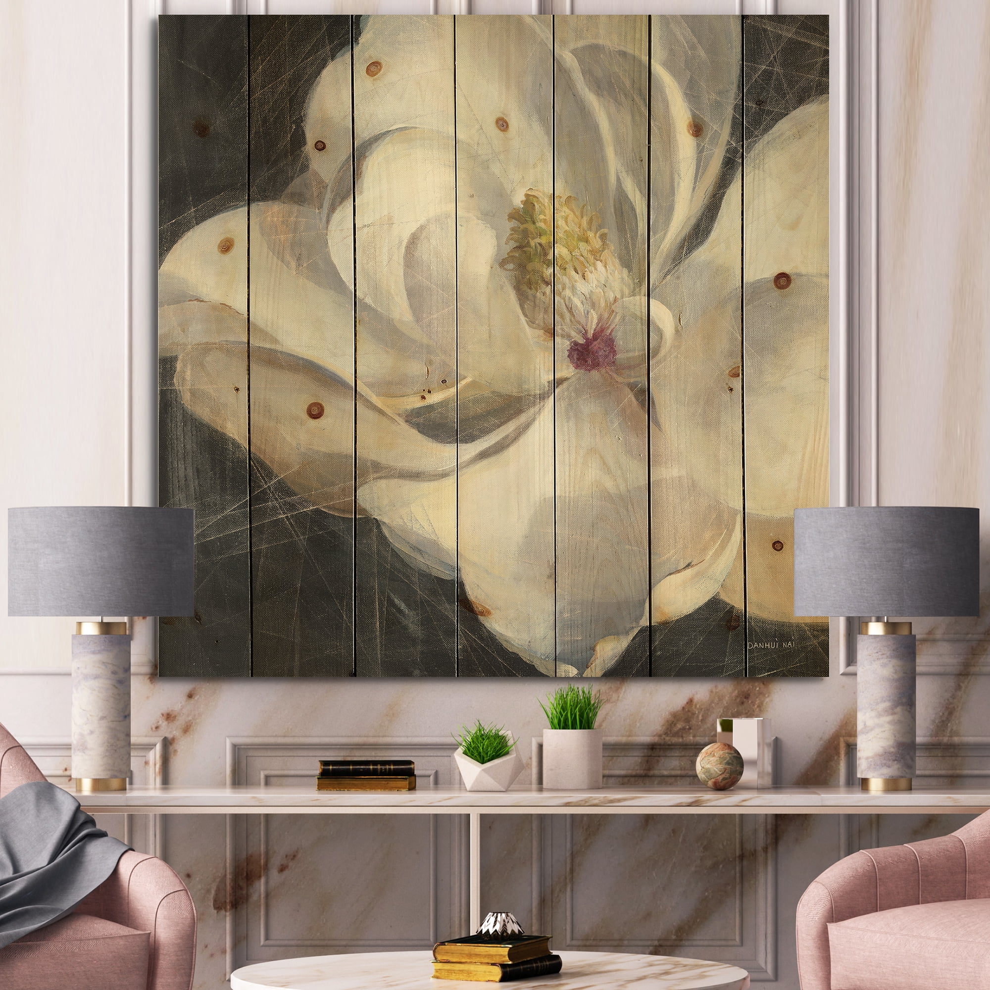 Designart 'Vivid White Magnolia IV' Shabby Chic Print on Natural Pine Wood