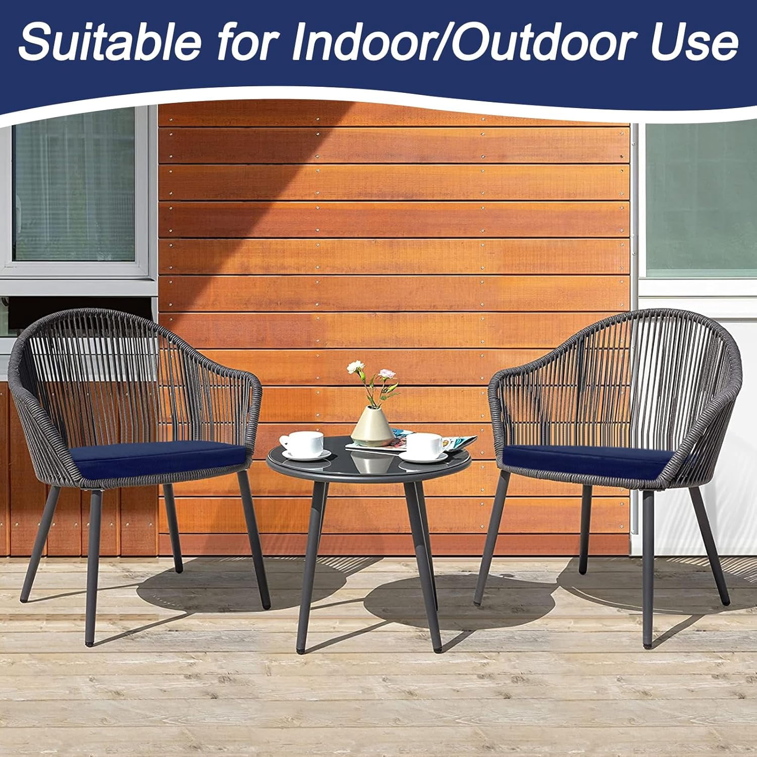 Outdoor Seat Pads Chair Cushions Pack of 2 Waterproof Patio Furniture Seat Cushions With Adjustable Straps for Patio,Garden,Living Room,18.5"x16"x3",Navy Blue
