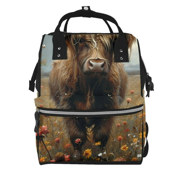 Fotbe Grassland Sunflower Cow Mochila Maternidad - Lona de Sarga Impermeable, Mochila de Pañales de Gran Capacidad con Múltiples Bolsillos y Correas Ajustables