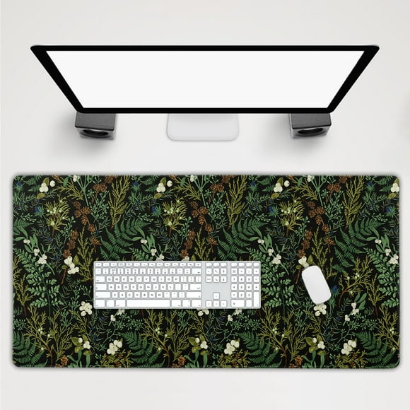 Black Aesthetic Vintage Botanical Gaming Mouse Pad Extended Cute Forest Green Plant Nature Floral Large Big Mousepad Non-Slip Stitched Edge Long Mat f