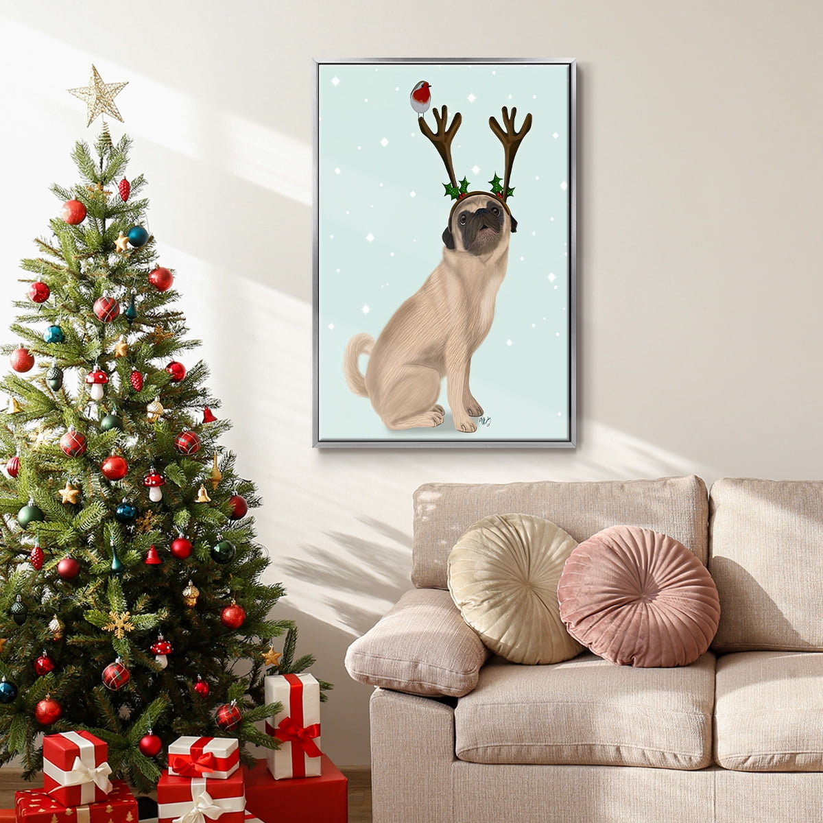 Christmas Pug with Antlers and Robin - Framed Gallery Wrapped Holiday Canvas - 17 x 25 - Silver Frame