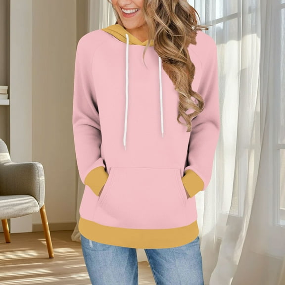ITSAME Hoodie for Womens, Pullover Long Sleeve Color Block Fashion Drawstring Hooded Tops Pink M
