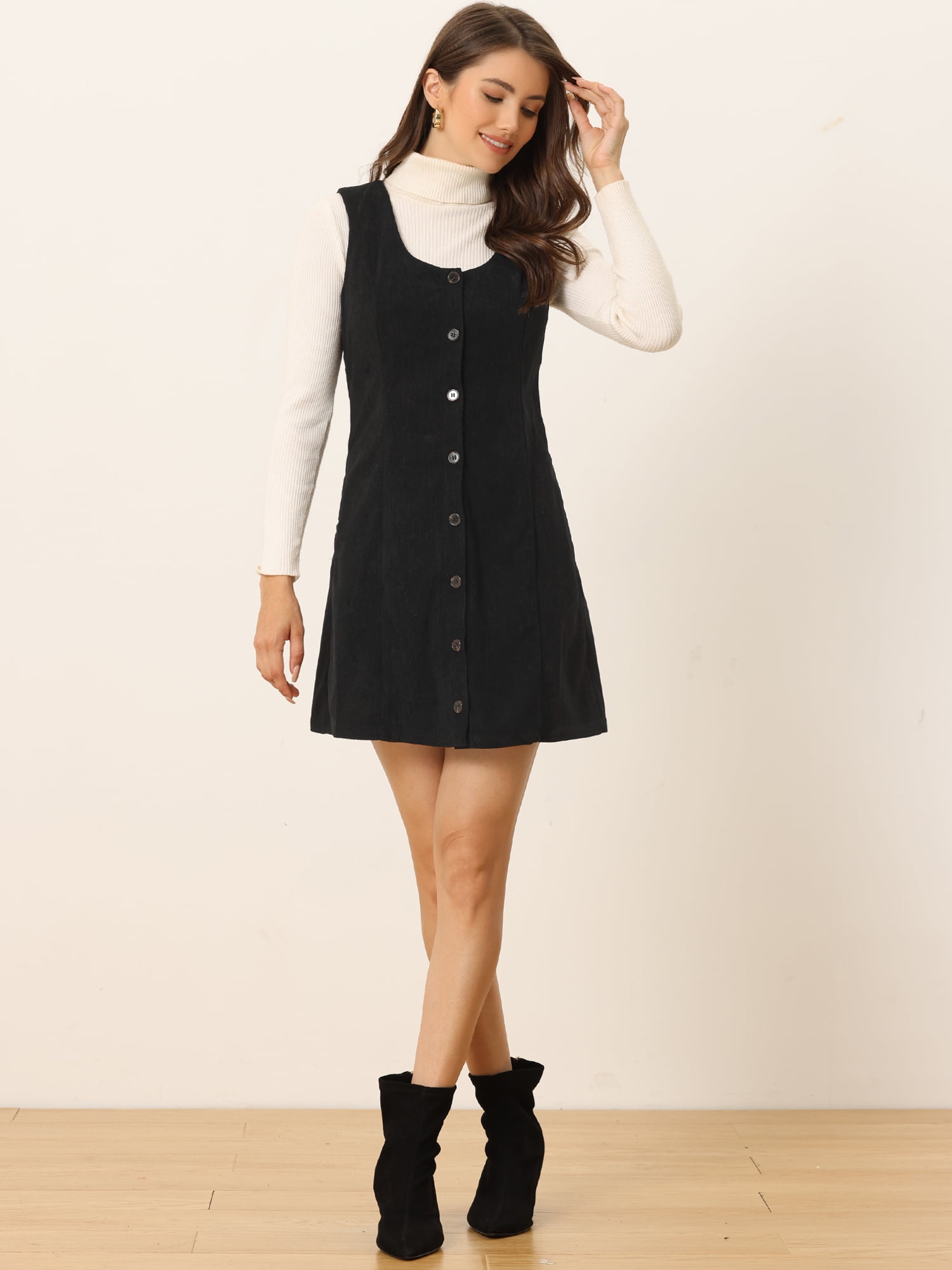 DARING DIVA Women's Corduroy Button Down Pinafore Overall Dress XS Black