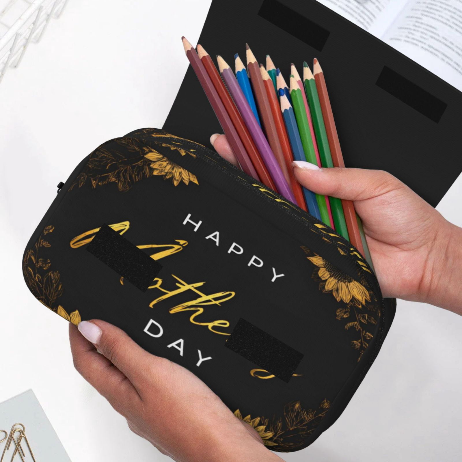 Large-Capacity Flip-Top Double-Layer Pencil Case, Multi-Functional Pocket Pen Case, Durable Stationery Organizer Sunflower Black Background Happy Mother'S Day