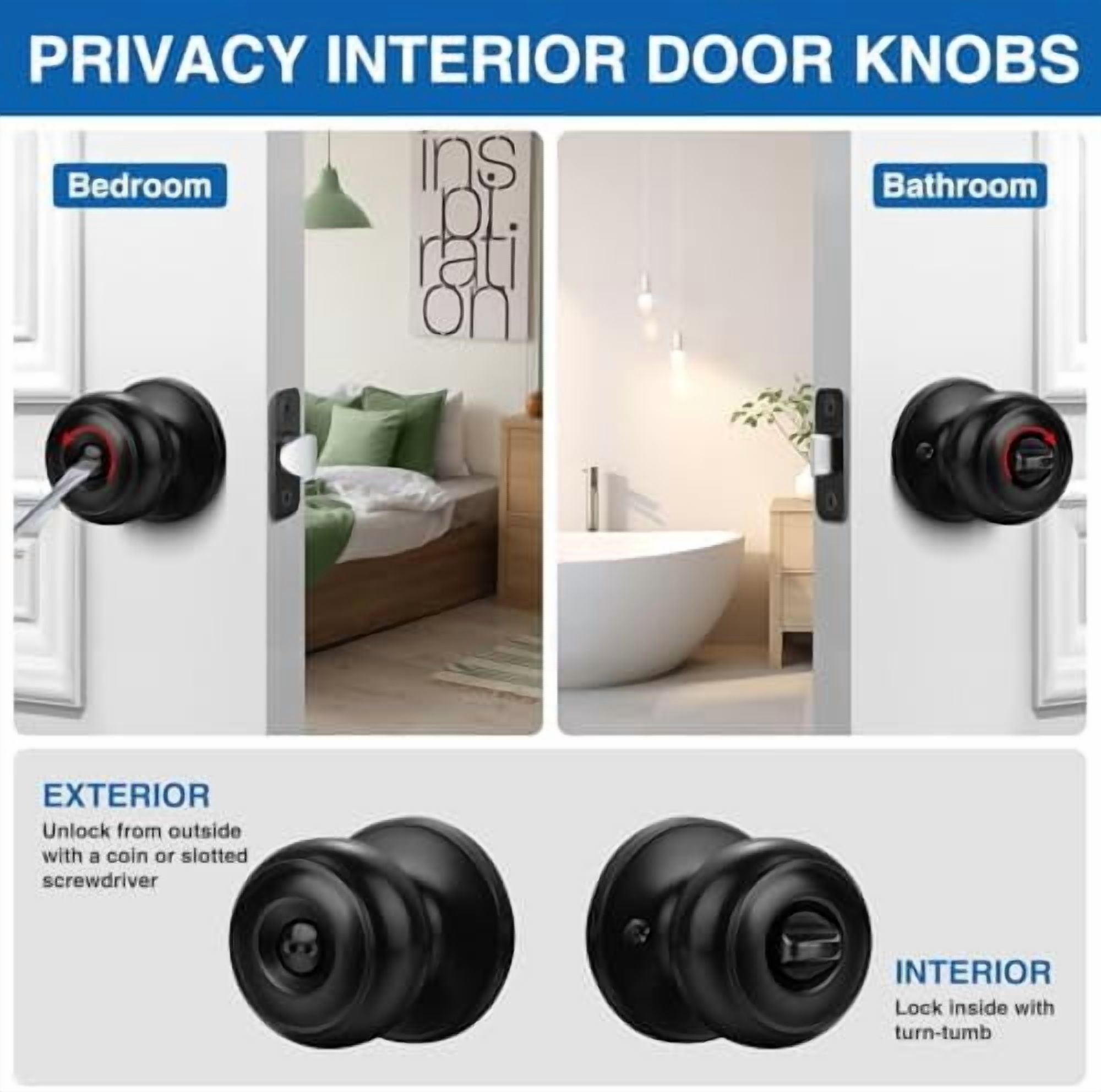 Privacy Door Knob, 5 Pack Matte Black Round Keyless Doorknobs Interior/Exterior Lockset, Privacy Locking Door Knobs for Bedroom/Bathroom, Black Modern Design Door Hardware