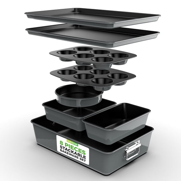 NutriChef 8-Piece Nonstick Stackable Bakeware Set Baking Tray Set W/ Non-Stick Coating (Gray)